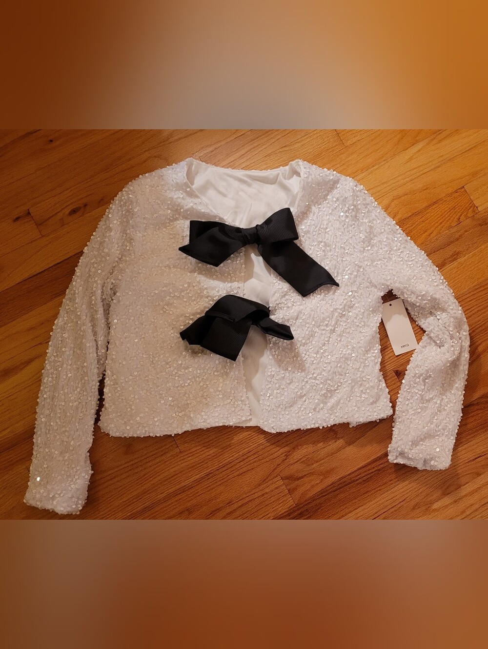 Mango White Sequin Cropped Jacket Top with Black Bows NWT M